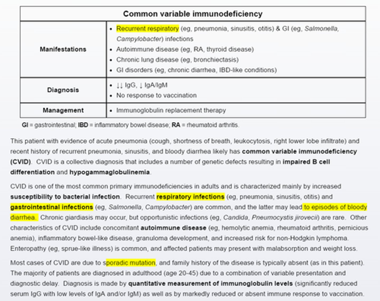 <p>Recurrent bacterial infections in an adult should raise suspicious for common variable immuodeficiency.</p><p>-Quantitative measurement of serum immunoglobulin levels is needed to establish the diagnosis.</p>