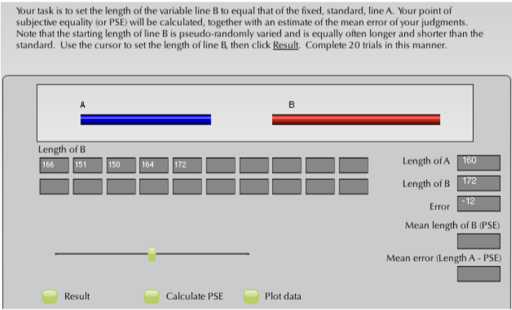 <p>observer adjust stimulus intensity using a potentiometer until just detectable - calculate average of threshold adjustments</p><ul><li><p>adjustment also varies between descending and ascending</p></li><li><p>JND = standard deviation of the matches x 0.6745</p></li><li><p>PSE = average of matches</p></li></ul><p></p>