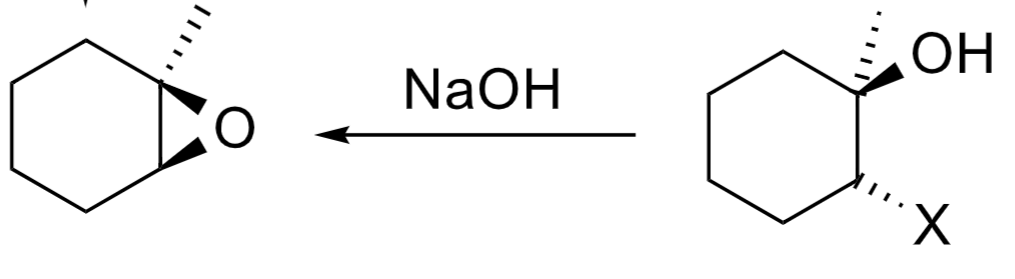 <p>Indirect Epoxidation. </p><p></p><p>1.) Formation of Vicinal Halohydrin</p><p>2.) Add Strong Base</p>