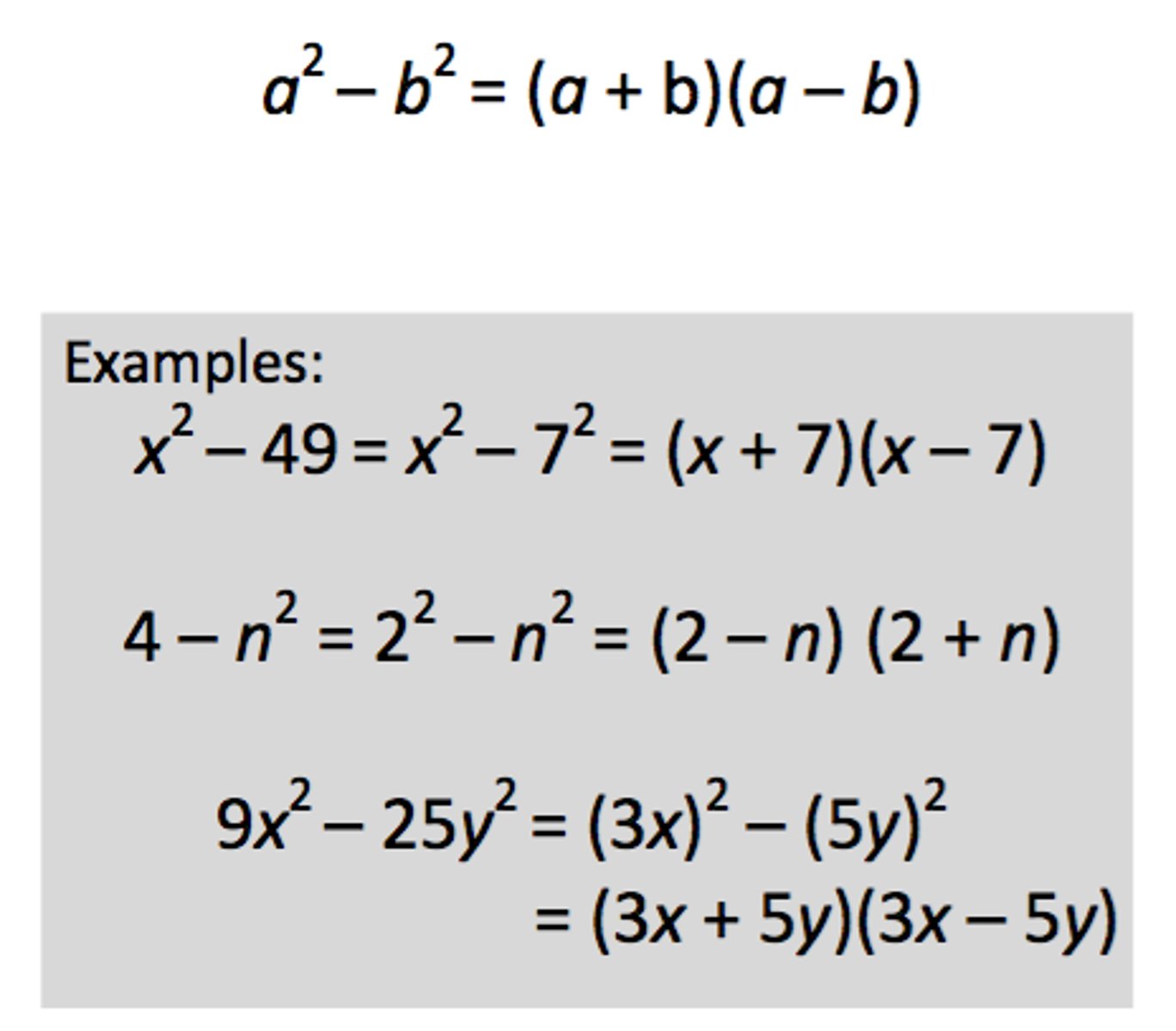 <p>a^2 − b^2 = (a+b)(a−b)</p>