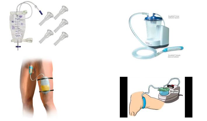 <p><strong>condom catheter</strong>. has self adhesive. skin needs to be clean and dry, intact, & skin prep. leave 1-2 inch between tip and drain spout</p><p><strong>pure wick</strong>: </p>