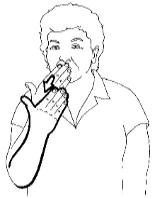 <p>Touch your mouth with your open hand, palm facing down, and move it away from your mouth</p>