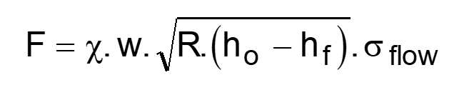 <p>F - rolling load/force</p><p>X - friction factor</p><p class="MsoNormal">w - width of the material being rolled</p><p class="MsoNormal">R - radius of the rolls</p><p class="MsoNormal">h<sub>o</sub> - initial gauge thickness</p><p class="MsoNormal">h<sub>f</sub> - final gauge thickness</p><p class="MsoNormal">σ<sub>flow</sub> - flow stress of the material</p>