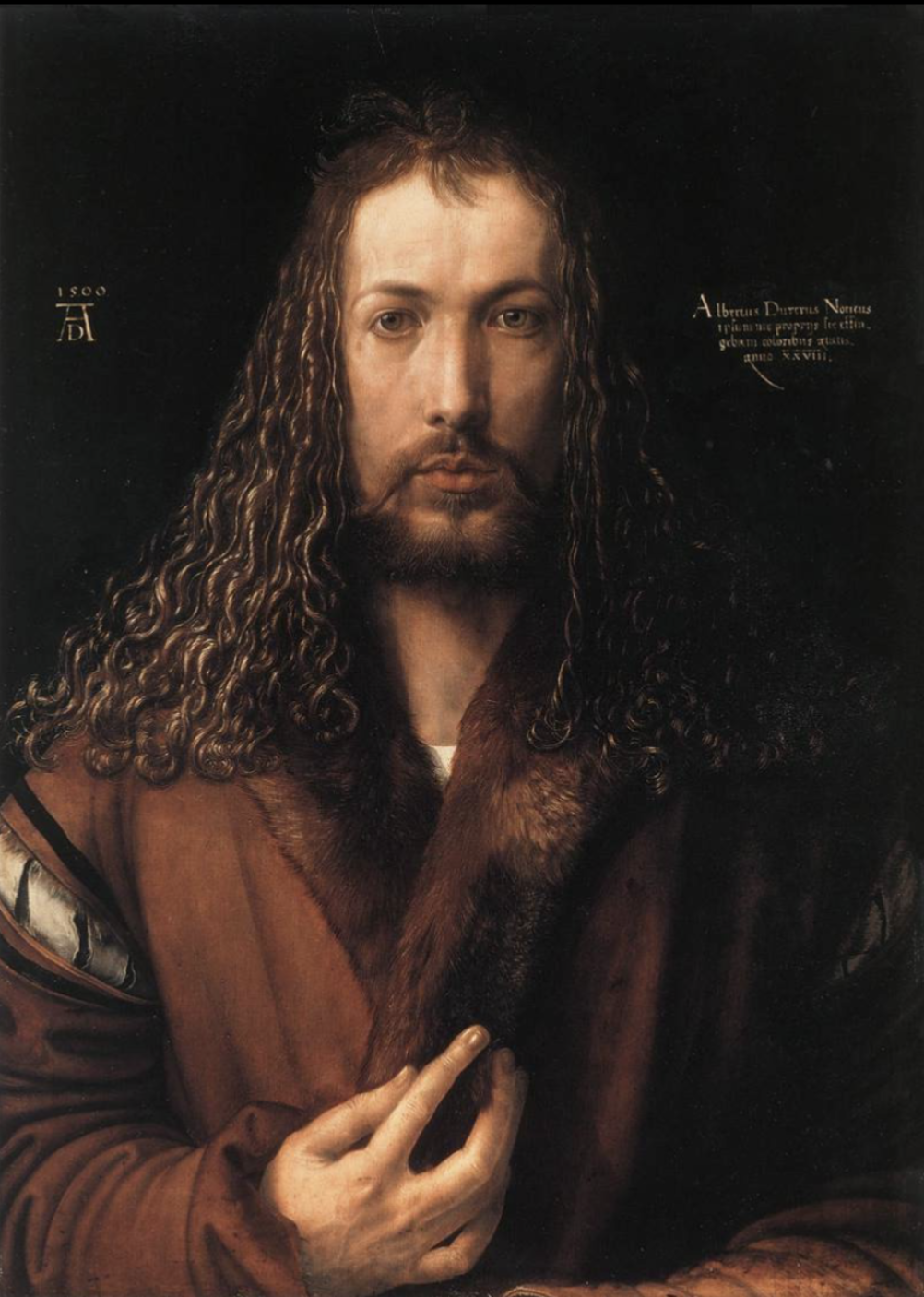 <ul><li><p>1500, Oil on wood, Germany</p></li><li><p>Likens himself to Jesus</p></li><li><p>Front-facing pose reserved for Jesus paintings</p></li><li><p>Claim artist as intellectual</p><ul><li><p>Someone blessed with ability to create</p></li></ul></li><li><p>Use of shadows/highlights draw attention to tools of artists</p><ul><li><p>Eyes and hands</p></li></ul></li><li><p>Puts his own signature on his work</p><ul><li><p>he’s not racist btw</p></li></ul></li><li><p>Humanist influnce reveal influence of Italy</p><ul><li><p>Combining northern renaissance that he escaped from with this outside Italy culture&nbsp;</p></li></ul></li></ul>