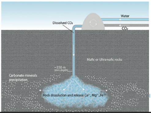 <p>Enfouissement&nbsp;(réaction métamorphique à basse T)&nbsp;:</p><p class="MsoListParagraphCxSpFirst"><span style="font-family: "Times New Roman", serif;"><span>                •</span></span><span style="font-family: "Times New Roman"; line-height: normal; font-size: 7pt;"><span>&nbsp;&nbsp;&nbsp;&nbsp;&nbsp;&nbsp; </span></span>Dissoudre le CO2 dans l’eau <span><span>à</span></span> solution acide</p><p class="MsoListParagraphCxSpMiddle"><span style="font-family: "Times New Roman", serif;"><span>                •</span></span><span style="font-family: "Times New Roman"; line-height: normal; font-size: 7pt;"><span>&nbsp;&nbsp;&nbsp;&nbsp;&nbsp;&nbsp; </span></span>Descente, car plus denseque les fluides naturels</p><p class="MsoListParagraphCxSpMiddle"><span style="font-family: "Times New Roman", serif;"><span>                •</span></span><span style="font-family: "Times New Roman"; line-height: normal; font-size: 7pt;"><span>&nbsp;&nbsp;&nbsp;&nbsp;&nbsp;&nbsp; </span></span>Ca dissout les silicates et libère des cations (Ca2+, Mg2+, Fe2+)</p><p class="MsoListParagraphCxSpLast"><span style="font-family: "Times New Roman", serif;"><span>                •</span></span><span style="font-family: "Times New Roman"; line-height: normal; font-size: 7pt;"><span>&nbsp;&nbsp;&nbsp;&nbsp;&nbsp;&nbsp; </span></span>Réaction avec le CO2 pour cristalliser des carbonates</p><p class="MsoNormal">• Température&nbsp;: 20-50-90-180-260°C</p><p class="MsoNormal">• Profondeur&nbsp;: selon gradient géothermique</p><p class="MsoNormal">• Roche cible&nbsp;: roches (ultra)mafiques: basalte, péridotite</p><p class="MsoNormal">• pH des fluides&nbsp;: 5.2-6.5</p><p class="MsoNormal">• Porosité à évaluer&nbsp;: typiquement faible</p><p class="MsoNormal">• Perméabilité&nbsp;: naturelle ou à créer?</p><p class="MsoNormal">• Durabilité&nbsp;: une fracture peut être remplie une fois…</p>