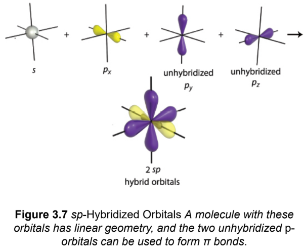 <p>one p-orbital will combine with the s-orbital to form two hybrid orbitals; two of the p-orbitals form π bonds; linear geometry</p>