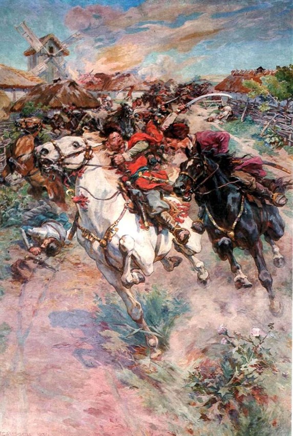 **Картина «Бій Богуна з Чарнецьким під Монастирищем в 1653 р.» (1931 р.). М. Самокиш.**