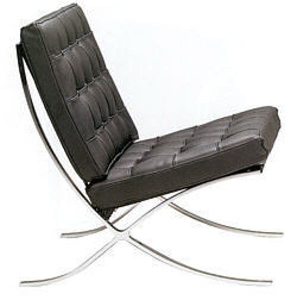 <p>Reminiscent of Greek Klismos; leather and bright chrome; by Ludwig Mies Van de Rohe</p>