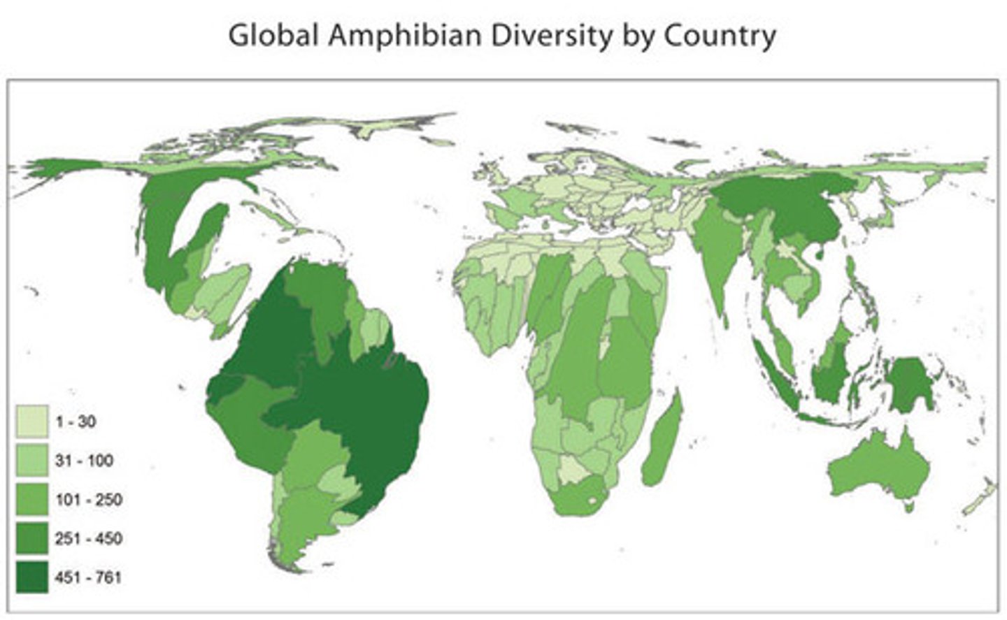 <p>depicts the sizes of countries according to population rather than the land area</p>