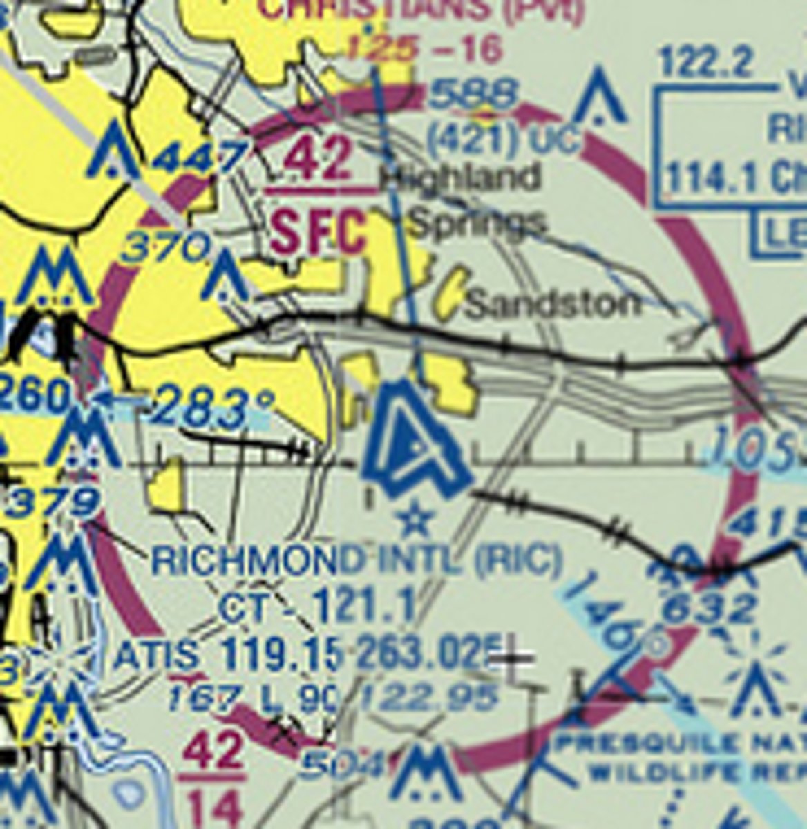 <p>The white colored dot inside the airport/runways symbols for Richmond International indicates a ____ is located on the airfield property.</p>
