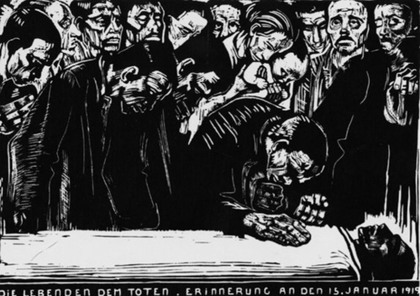 <p>1919-1920. Kathe Kollwitz. Woodcut. Expressionism<br>Known for printmaking, etching, woodcut<br>Lost a son in WW1, grief is prominant in her work, themes of war, poverty and grief.<br>GRIEF is an overwhemling theme. Heads are bowed, faces solemn and gaunt, heavy and anguished, ANGULAR<br>Angular/gaunt: people are STARVING<br>Hunched: GRIEF<br>Masses coming to grieve in composition<br>Crossovers with a LEMENTATION SCENE its a depiction of MARTYRDOM<br>Halo effect around his head, use of halo for holiness. Elevated him to sainthood<br>Liebknecht was shot and kiled durin g acommunist uprsing.<br>Perio dof turmoil<br>Respected the man, not necessarily his cause. Political ideology is not present<br>Very charismatic, people loved him, devastated at his death. "Last hope" in turmoil<br>Commemerate his importance to the people<br>Woodblock is APPROPRIATE for the struggles of the WORKING CLASS. Many copies can be sold.<br>Mark making is BOLD, not refined/clean</p>