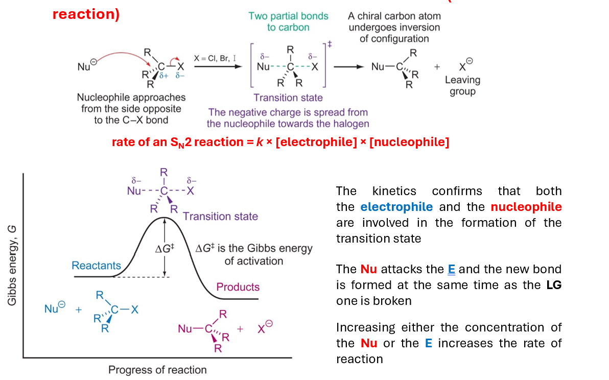 <p>The reaction mechanism proceeds through a transition state in which both the nucleophile and leaving group are present. It means that the rate of the reaction is influenced by the concentration of both nucleophile and electrophile</p><ul><li><p>The kinetics confirms that both the electrophile and the nucleophile are involved in the formation of the transition state</p></li><li><p>The Nu attacks the E and the new bond is formed at the same time as the LG one is broken</p></li><li><p>Increasing either the concentration of the Nu or the E increases the rate of reaction</p></li></ul><p></p>
