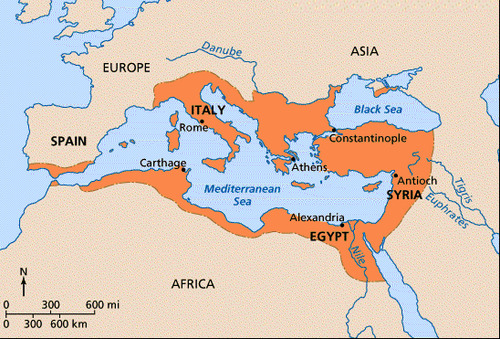 <p>At the height of the Roman Empire (1 A.D.), Rome controlled the entire Mediterranean region, stretching from Britain in the north, to Spain and Morocco in the west, then the Black Sea and Mesopotamia in the east, and down through Egypt and north Africa, but limited to the south by the Sahara Desert.</p>