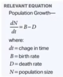 <p>depends on several factors </p><ul><li><p>usual number of offspring per reproductive event</p></li><li><p>chances of survival until age of reproduction</p></li><li><p>how often each individual reproduces</p></li><li><p>age at which reproduction begins</p></li></ul><p>Basically:</p><ul><li><p>population increases when birth rate is greater than death rate</p></li><li><p>population decreases when birth rate is lower than death rate</p></li></ul>