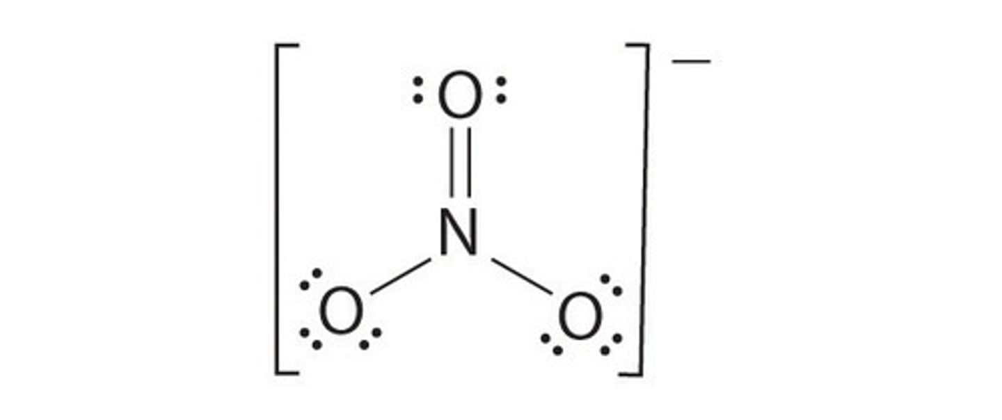 <p>A Lewis structure is shown for the nitrate ion (NO3-). What is the formal charge on nitrogen in the nitrate ion?</p>