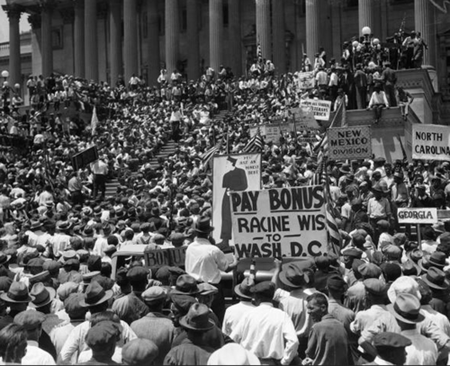 <p>WWI veterans and their families (10,000-20,000) who arrived in D.C. to support the Patman Bill. After the bill was voted down, about 2000 marchers refused to leave. President Hoover feared they might turn violent and had a force of 1000 soldiers disperse the veterans. His reaction shocks many and helps him lose the election to FDR</p>