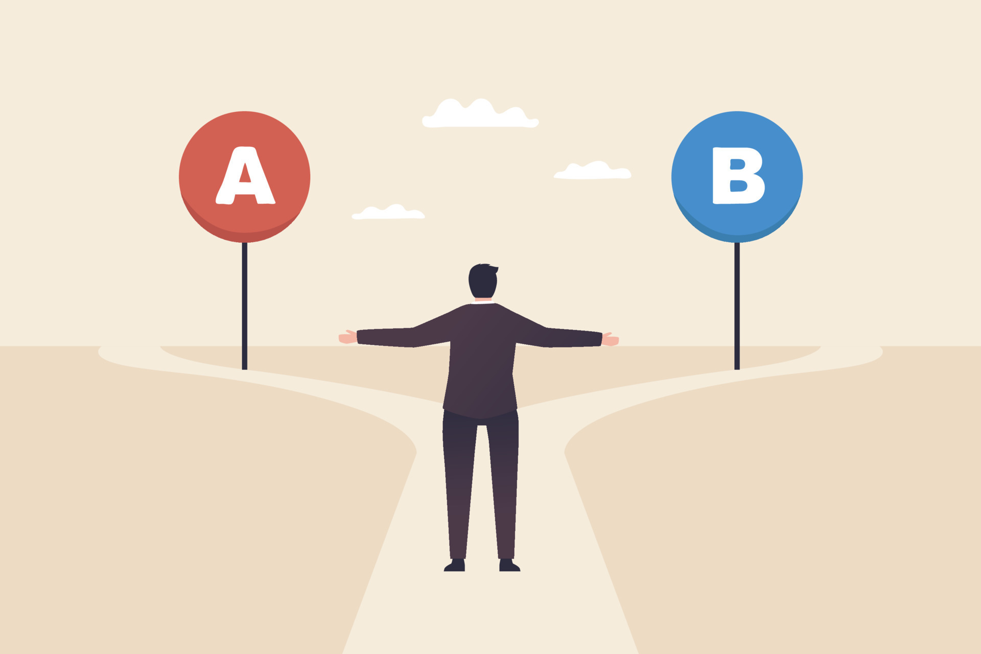 <p>He tries to _____ between A or B</p>