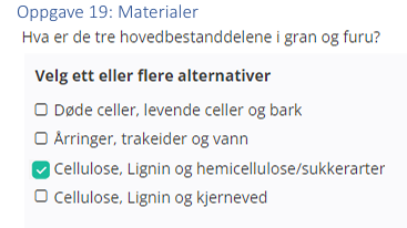 <p>Cellulose, Lignin og hemicellulose/sukkerarter</p>