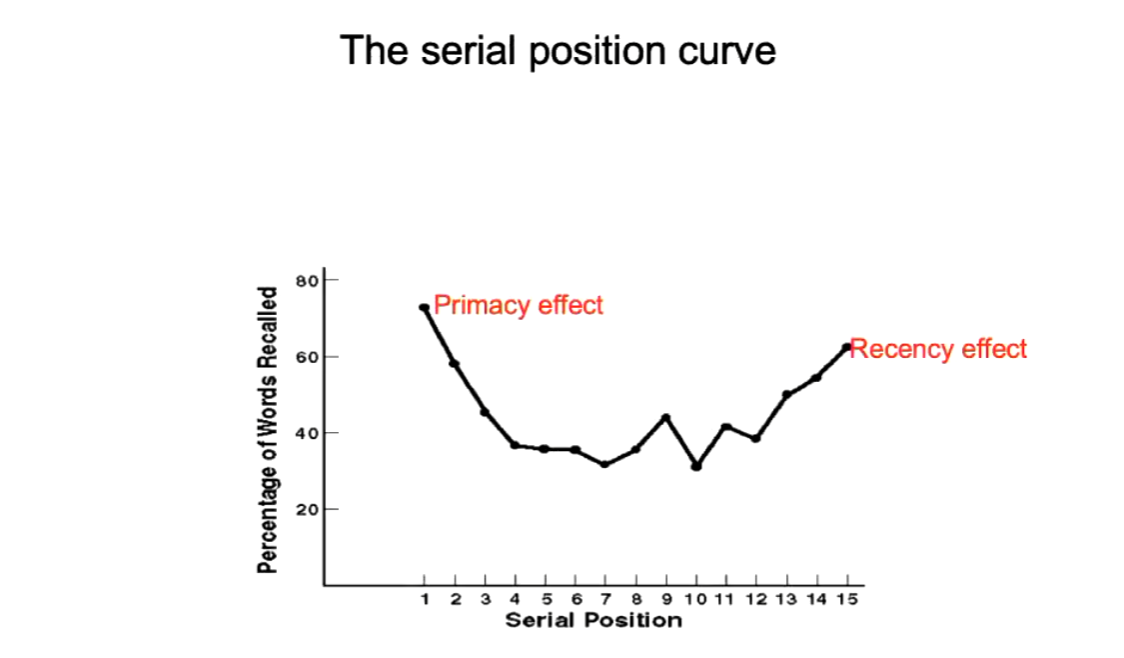 <ul><li><p>Words at the beginning (primacy effect) and end (recency effect) of the list were remembered best, while words in the middle were often forgotten.</p></li></ul><p></p>