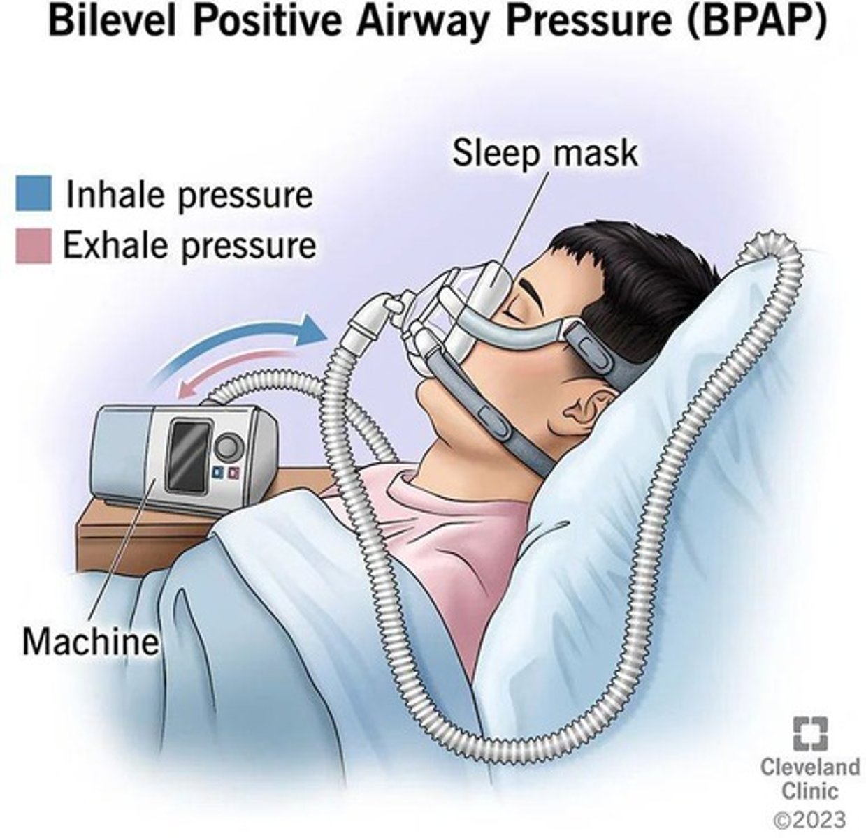<p>increases pressure when breathing in</p><p>decreases pressure when breathing out</p><p>two different levels</p>