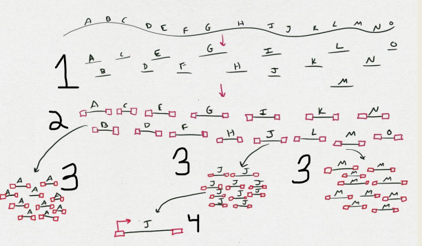 - Simultaneously sequence million of nucleotides at time
- See sample (DNA, RNA, etc)
1) Fragment sample
-- Randomly sheer sample (required length depends on which platform you are using)
2) Ligate adapters
-- Adapters provide a known sequence that you can use to isolate or target with primers
3) Isolate fragments and amplify 
-- Amplification is typically some form of PCR and is done to increase signal (from step 4)
4) Synthesize DNA with primers targeting adapter sequence 
-- Incorporation of nucleotides detected by detecting chemical change or using some sort of fluorescent signal