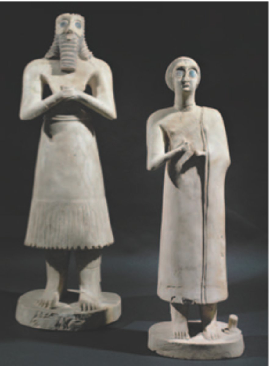 <p>Form:</p><p>- bilateral symmetry</p><p>- eyes exaggeration (beholding the divine)</p><p>-gypsum and black limestone</p><p>Content:</p><p>-the hands are placed in prayful gesture</p><p>- elite male and female figures</p><p>Function:</p><p>-placed in ziggurat to resemble the people that aren't allowed to be in the ziggurats</p><p>Context;</p><p>- found in the Square Temple of Eshunna (modern day Tell Asmur, Iraq)</p><p>-2700 BCE</p>