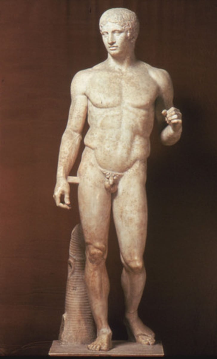 <p>The renowned Greek sculptor Polykleitos designed a sculptural work as a demonstration of his written treatise, entitled the "Kanon" (or Canon, translated as "measure" or "rule"), exemplifying what he considered to be the perfectly harmonious and balanced proportions of the human body in the sculpted form.</p>