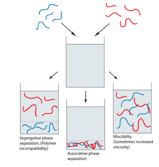 <p>Polymer 1 and polymer 2 are chemically different&nbsp;</p><p><u>Miscibility</u>: polymers like the solvent, don’t care about each other&nbsp;</p><p><u>Segregative phase separation</u>: Polymers don’t like each other but like solvent&nbsp;</p><ul><li><p><mark data-color="yellow">The rule for mixtures of non-ionic polymers</mark></p></li></ul><p><u>Associated phase separation</u>: Polymers like each other better than solvents (e.g polymer could have opposite charges)</p><ul><li><p>Polyelectrolytes of opposite charge, proteins-polysaccharides</p></li></ul><p></p>