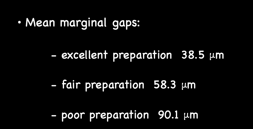 <ul><li><p>excellent prep: 38.5 microns </p></li><li><p>fair prep: 58.3 microns </p></li><li><p>poor prep: 90.1 microns </p></li></ul><p></p>