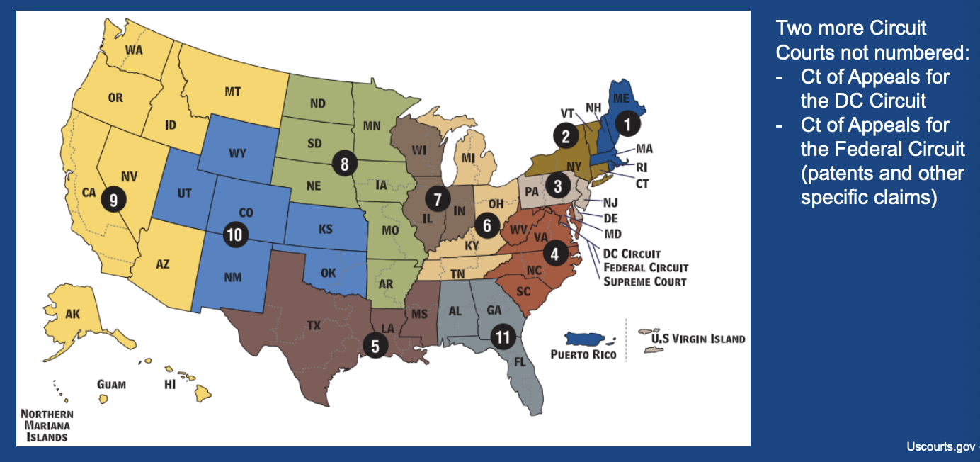 <ul><li><p>circuit = region / geographic boundaries of court of appeals</p><ul><li><p>SC handle disagreement in decisions by different circuits</p></li></ul></li></ul><p></p>