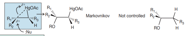 <p>Cyclic intermediate</p><p>syn addition</p><p>Markovnikov addition</p><p>not controlled stereochem.</p>