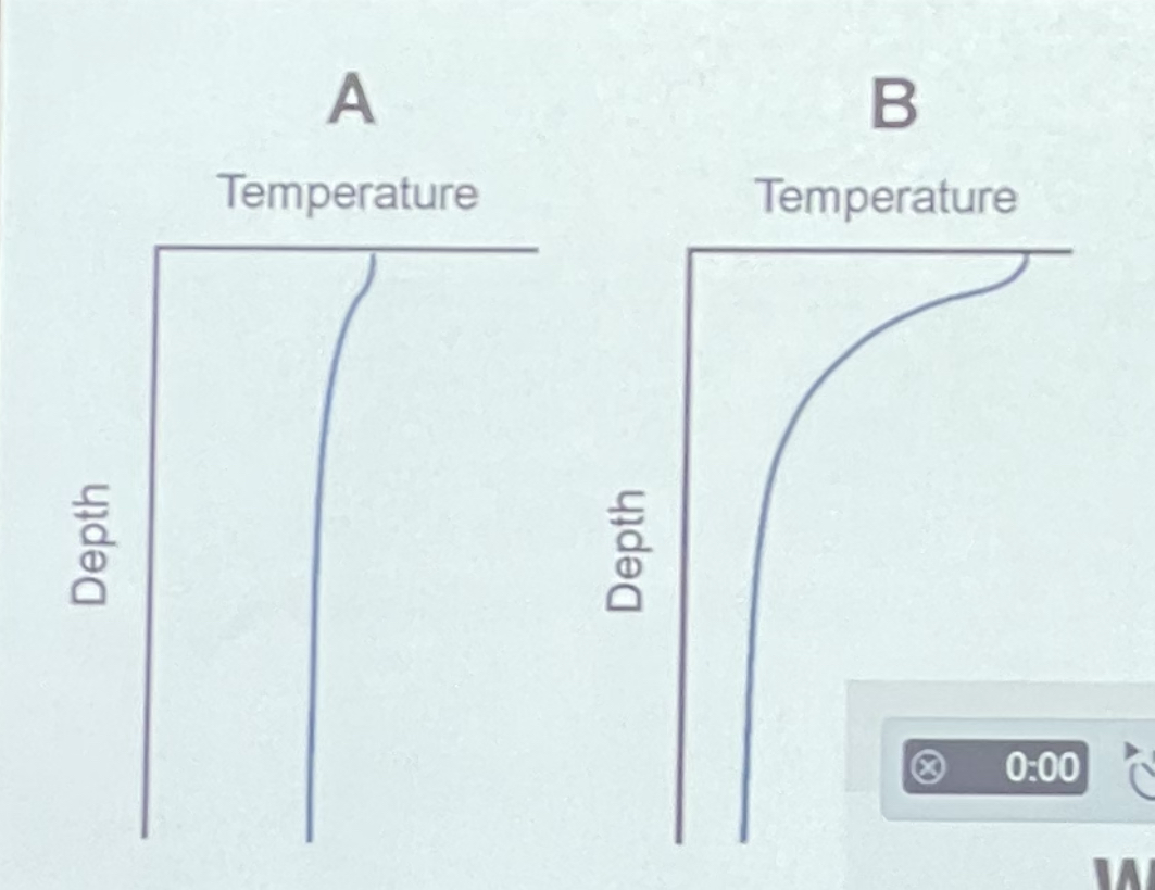 Which statement about these two temperature profiles is true 

* A is more strongly stratified and typical of winter
* A is more strongly stratified and typical of summer 
* B is more strongly stratified and typical of winter 
* B is more strongly stratified and typical of summer