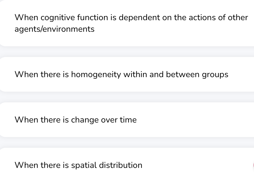 <p><span>Which of the following is NOT an example of when ABM is a useful methodological tool for cog sci?</span></p>