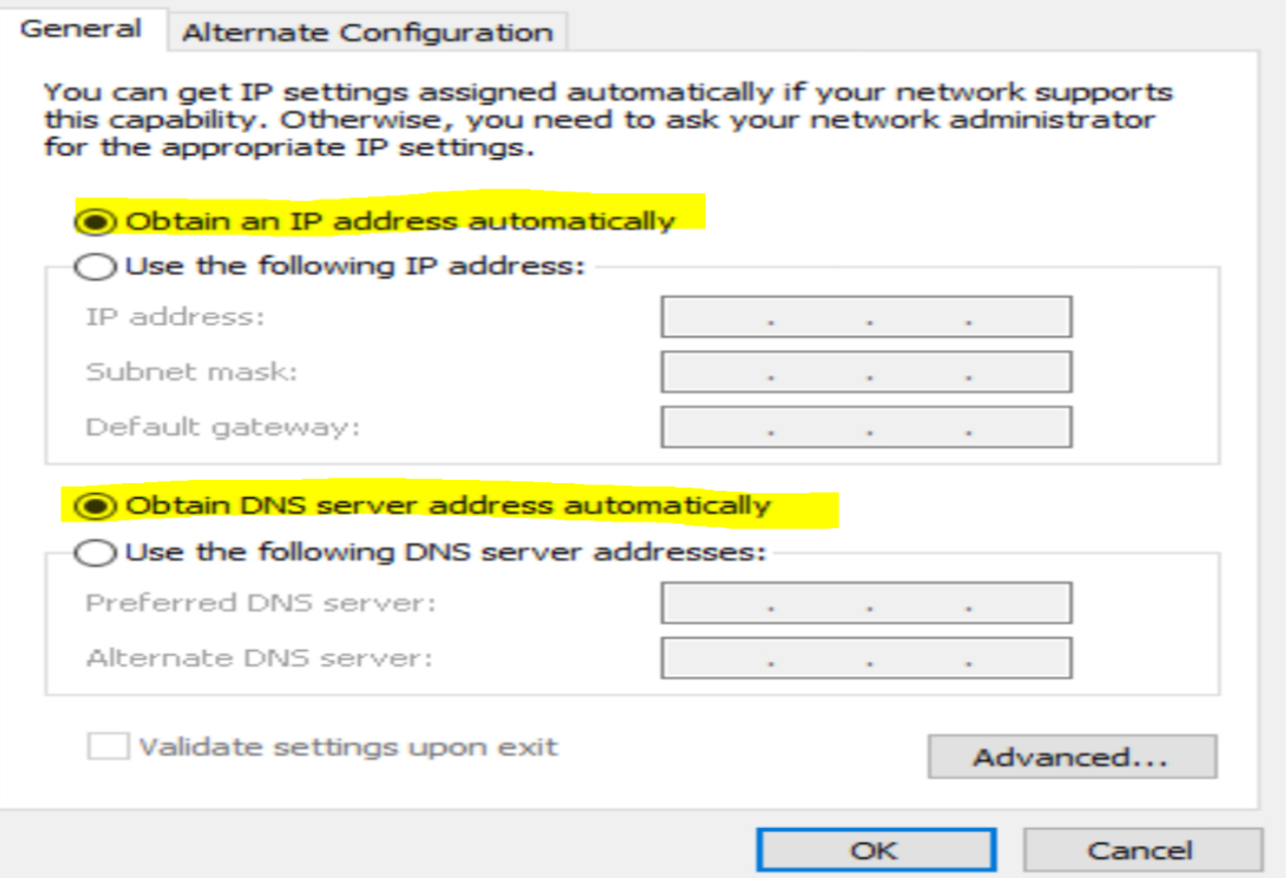 <ul><li><p>Select obtain IP address automatically</p></li><li><p>Select obtain DNS server automatically</p></li></ul><p></p>