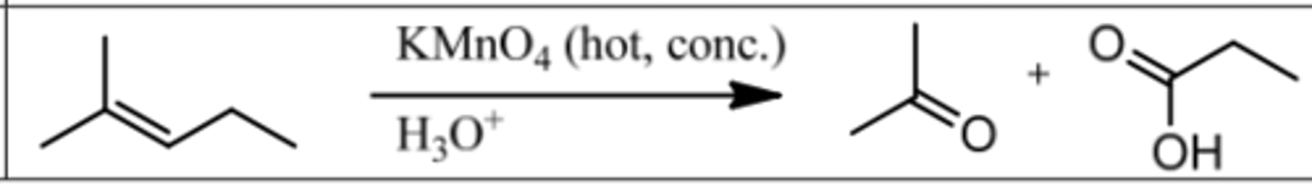 <p>Reagents: KMnO₄ (hot, conc.)/ H₃O⁺</p><p>What's Added: Cleave double bond and add OH to less substituted C.</p>