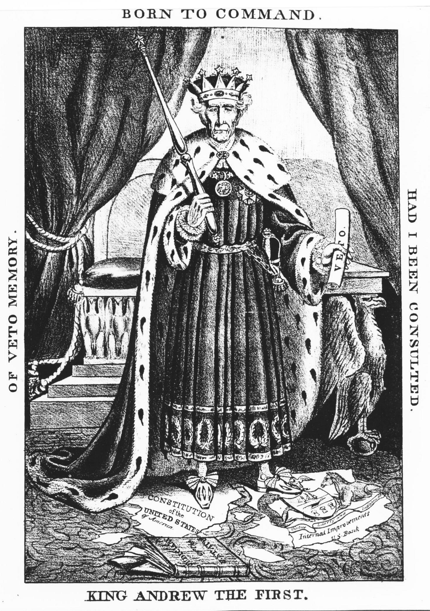 <p>How does this cartoon demonstrate that Andrew Jackson is acting like a King and not a President?</p>