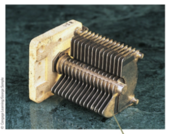 <p>2 interwoven sets of metallic plates, one fixed, the other moveable; the contained air is dielectric</p>