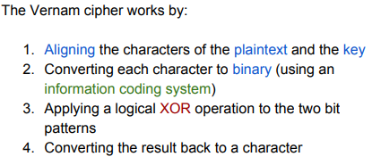 <ol><li><p>Aligning plaintext and corresponding key</p></li><li><p>conversion of each part of plaintext to binary with use of ASCII or Unicode.</p></li><li><p>Application of XOR to both sets</p></li><li><p>then turning the represented binary back into the human legible ASCII, Unicode equivalent</p></li></ol>