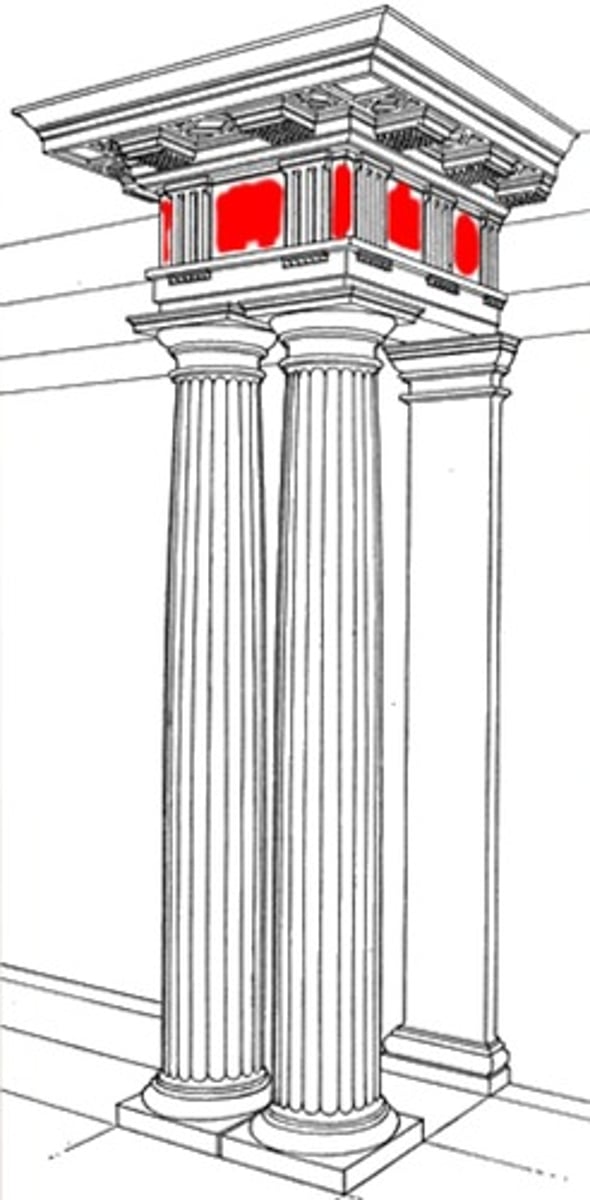 <p>The carved or painted rectangular panel between the triglyphs of a Doric frieze.</p>