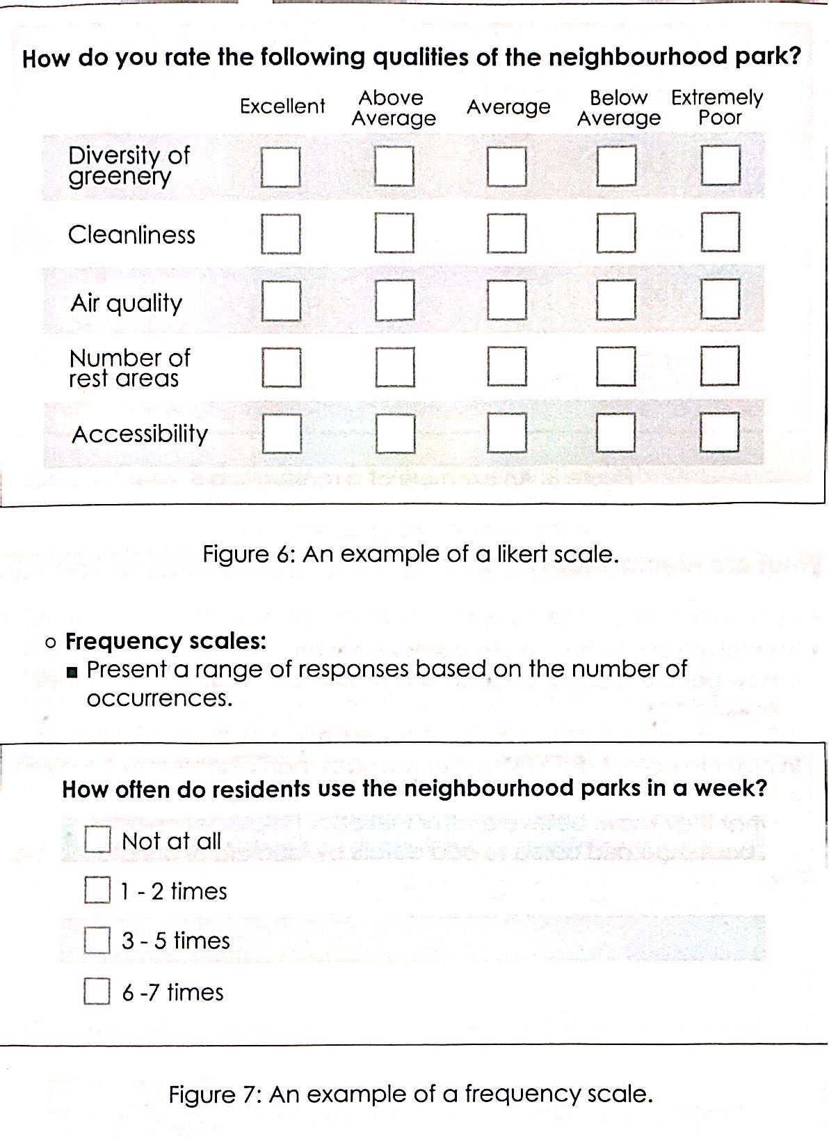 <ul><li><p>these scales include a set of predefined responses</p></li><li><p>often used to guide respondents to respond to questions on their opinions with a wide range of responses</p></li></ul><p></p><p>E.g.</p><ul><li><p>Likert scales</p></li><li><p>Frequency scales</p></li><li><p>Ranking Scales</p><ul><li><p>to produce reliable data: <10 items to compare</p><p>→ >10 items: respondents would not have strong opinions about items ranked in the middle</p></li></ul></li></ul><p></p>