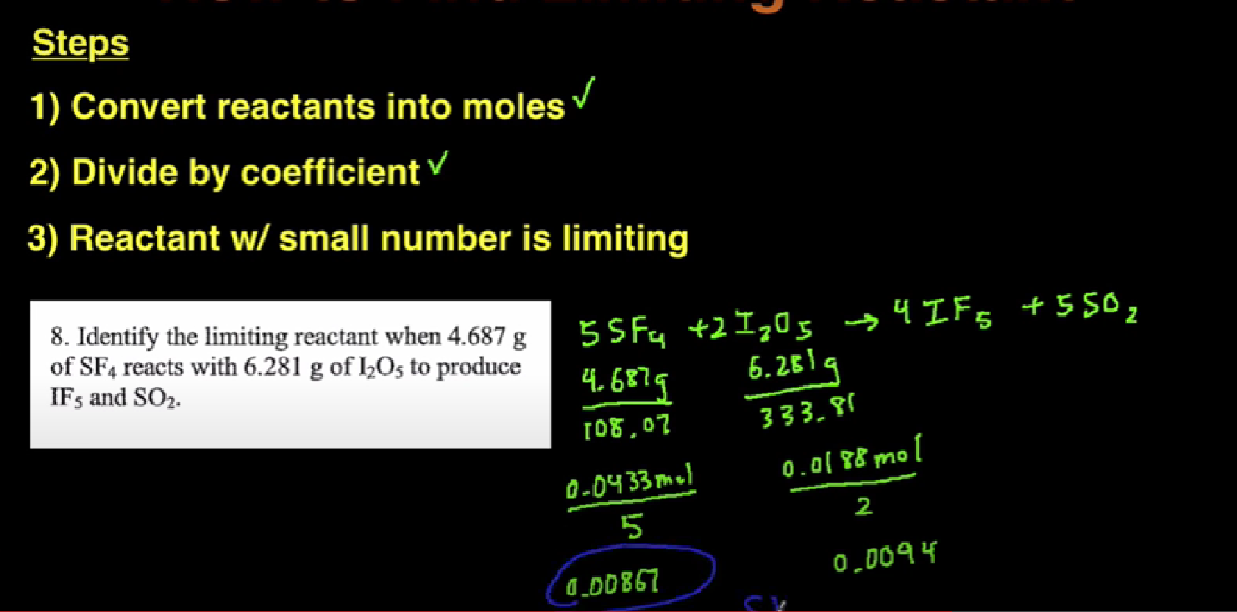 <p>when performing reacting mass calculations, the limiting reactant is always the number that should be used as it indicates the maximum possible amount of product </p>