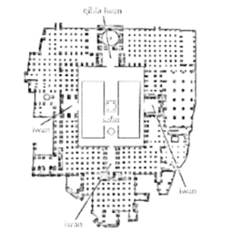 <p>Cruciform in Plan, the center portion only being left open; It has 4 Entrances from Sahn (courtyard)</p>