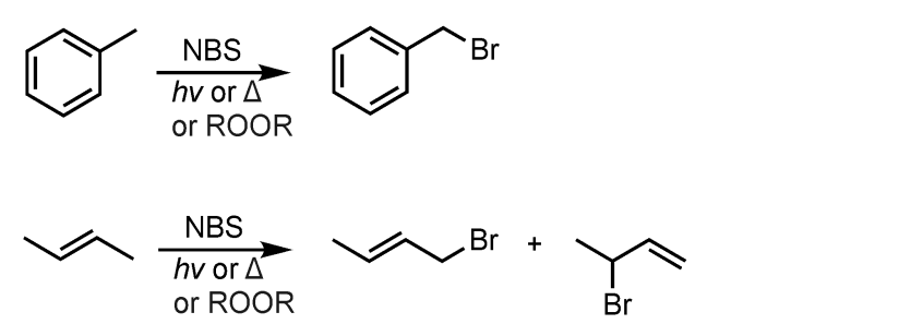 <p>What’s added: 1 Br atom </p><p>Intermediate: Allylic Radical Intermediate </p><p>Rearrangement: Not possible </p><p>Note: this reaction results in the formation of allylic radical intermediates which resonate and thus allow for the formation of multiple products.</p>