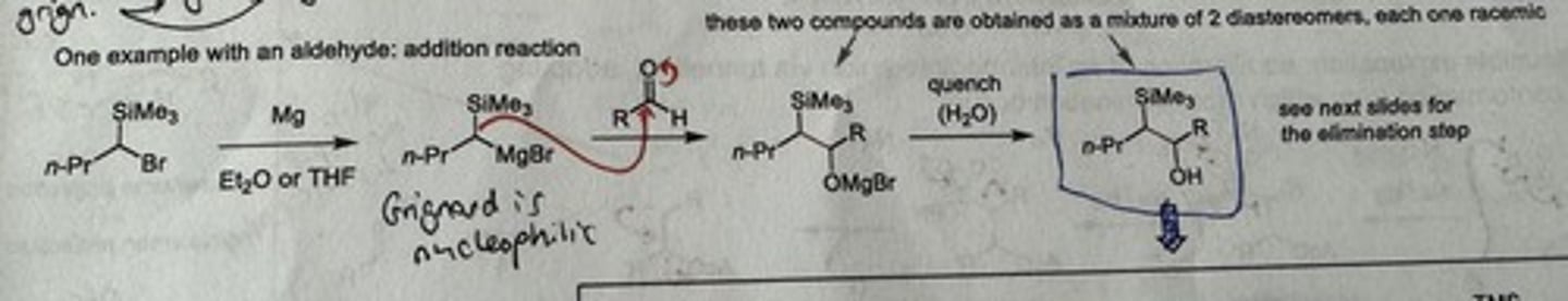 <p>Reagents: Mg, Et₂O or THF → aldehyde → quench w/ H₂O</p>