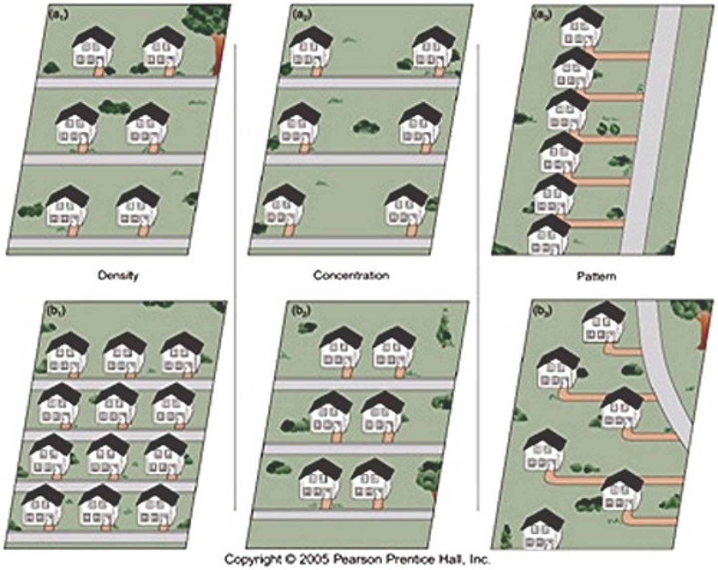 <p>density, concentration, and pattern</p>