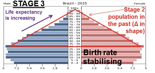 <ul><li><p>moderate growth</p></li><li><p>declining birth rate (education and healthcare) and a more slowly declining death rate</p><ul><li><p>urbanized and more industrialized families have less children</p></li></ul></li><li><p>EX: Mexico, Turkey, Indonesia</p></li></ul>