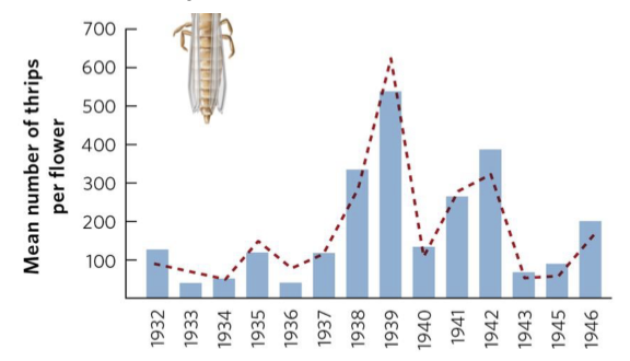 <p><span style="background-color: transparent;"><span>Factors limiting population size regardless of the population’s density</span></span></p><ul><li><p><span style="background-color: transparent;"><span>Ex. Weather, natural disaster</span></span></p></li><li><p><span><span>Ex.</span></span><span style="background-color: transparent;"><span> Apple Thrips (red line = estimate- models change well)</span></span></p></li></ul><p></p>
