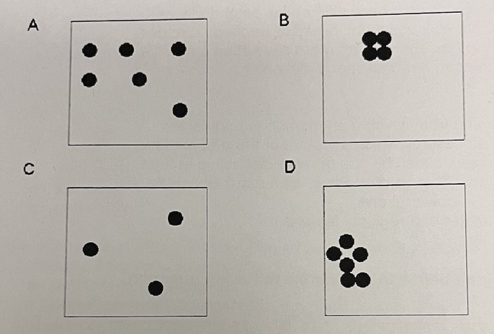 <p>Which two have the highest concentration of dots?</p><ol><li><p>A, C</p></li><li><p>B, D</p></li><li><p>A, B</p></li><li><p>C, D</p></li></ol>