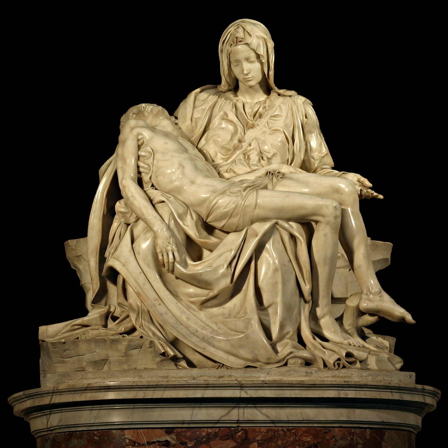 <p>Michelangelo was an Italian sculptor, painter, architect, and poet.</p><p>a) Mary holding Jesus after he was crucified. Triangular composition (Holy trinity, symmetry). There are some contradictions like how Mary looks calm and young and she is 7 ft tall. Her left hand is upward which represents sorrow. Mary is being idealized.</p><p>b) It is the statue of a shepherd who fought the Goliath. It is made of marble and it is 17 ft tall.</p><p>c) Pope Paul III appointed him to make the dome. It is the tallest dome in the world.</p><p>d) Painted in fresco. Creation of Adam in the center. This is a revival of humanism. Commissioned by Pope Julius.</p><p>e) Commissioned by Pope Paul III. All figures painted in the nude. He paints himself as St. Bartholomew. This fresco is a depiction of the Second Coming of Christ.</p>