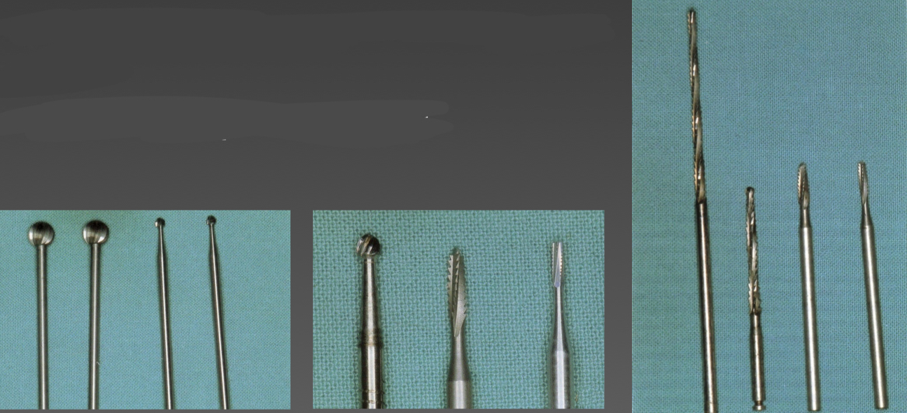 <p><strong>Tungsten carbide</strong>- round, different calibers, for osteotomy and ostectomy</p><p><strong>Steel</strong>- thick to smooth bone edges</p><p><strong>Lindemann burs</strong>- elongated for hard to reach areas</p><p><strong>Fissure burs</strong>- tapered or straight</p>